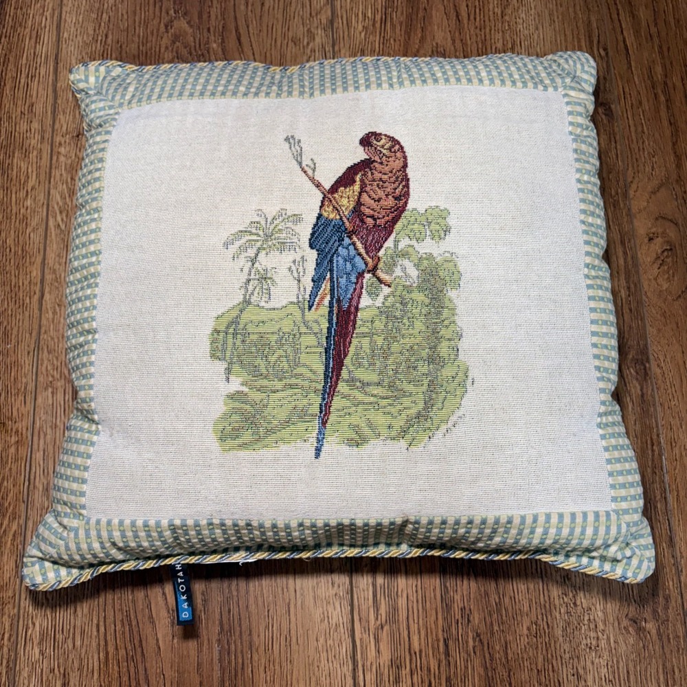 DakotaH‎ Parrot Tapestry Throw Pillow Tropical Gingham Border Blue Green 15x15